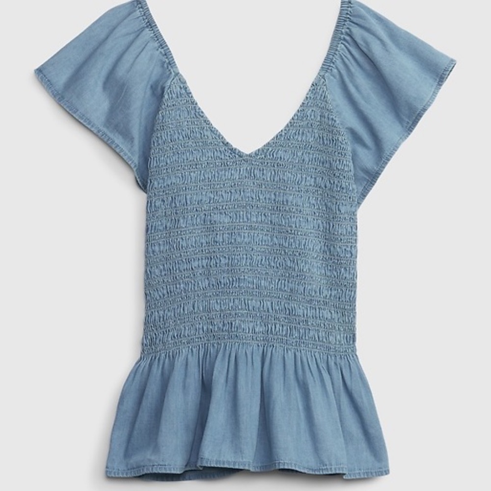 Ruffle Sleeve Denim Peplum Top with Washwell